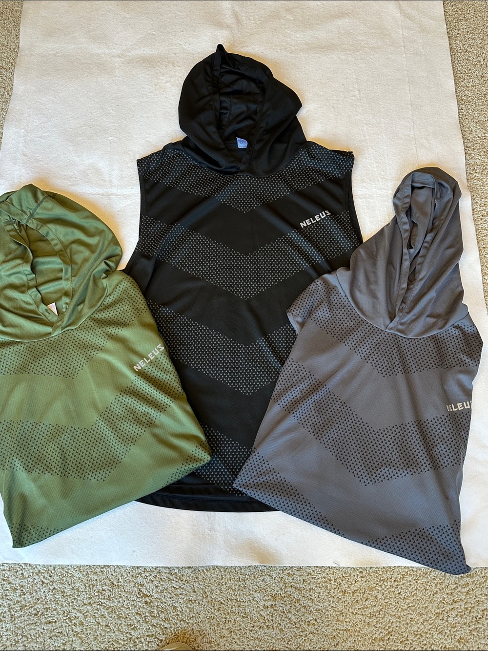 New Neleus Men’s Hooded Muscle Tanks Workout Shirts Olive, Black, Gray Set 3XL